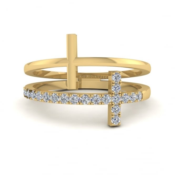 Double Band Cross 18K Diamond Ring
