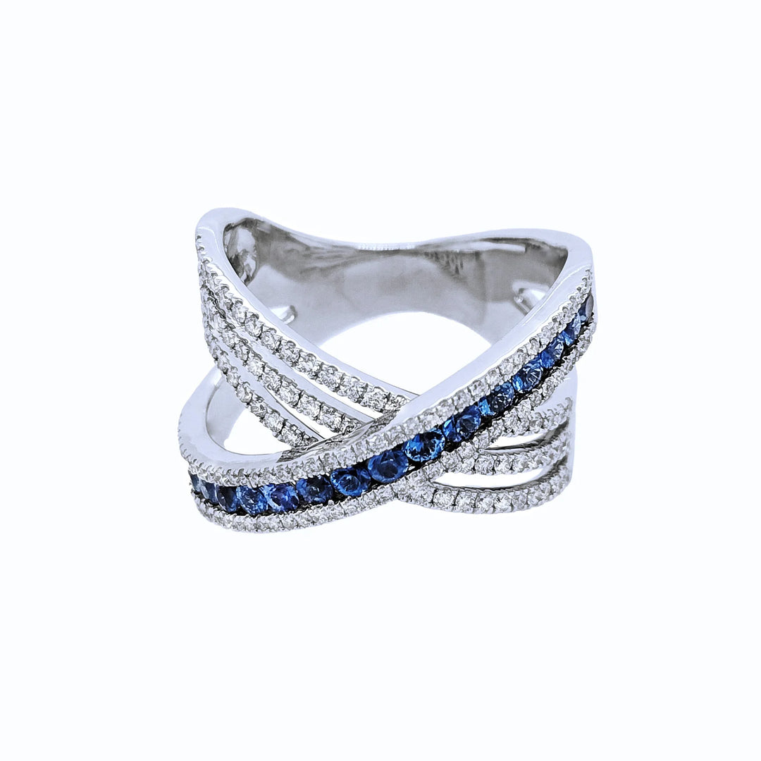 Blue Sapphire & Diamond Crossover Ring