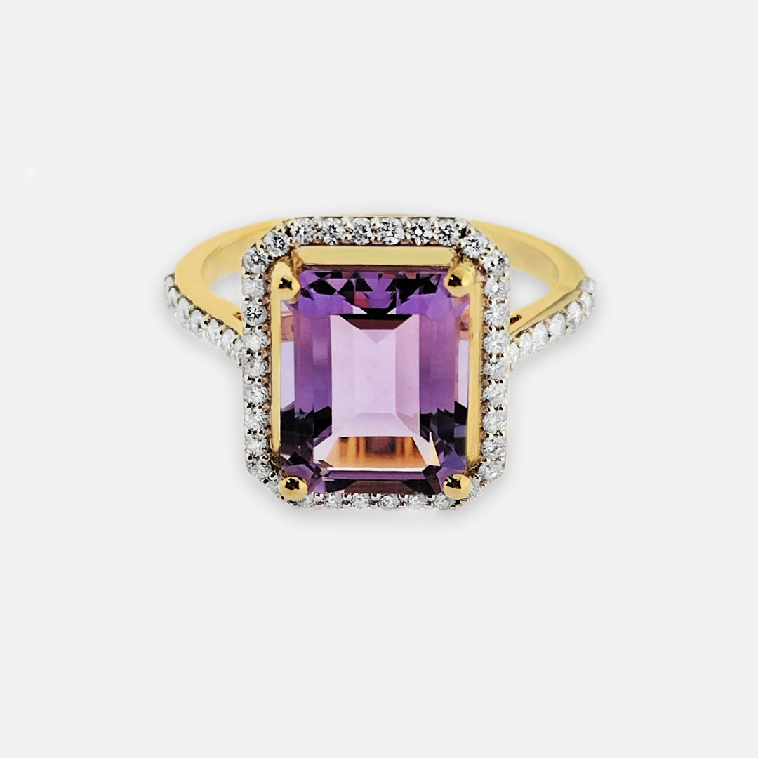 Emerald-Cut Amethyst Diamond Halo Ring