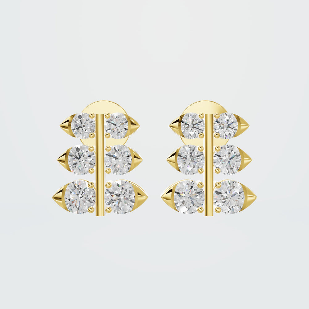 Triple Row Diamond Stud Earrings in yellow gold