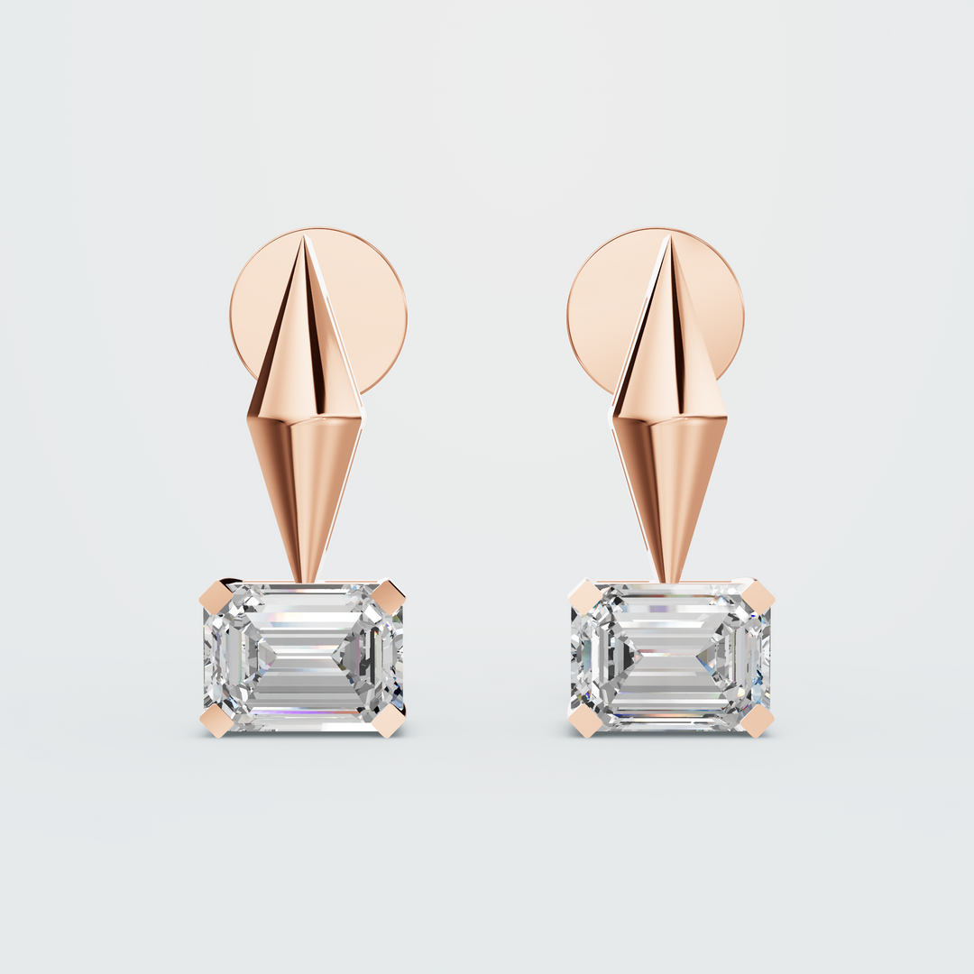 Emerald-Cut Diamond Drop Stud Earrings in rose gold