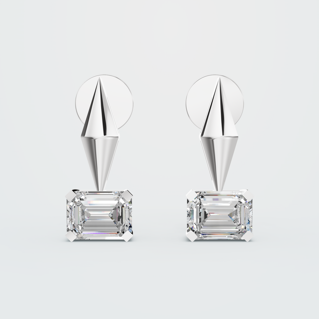 Emerald-Cut Diamond Drop Stud Earrings in white gold
