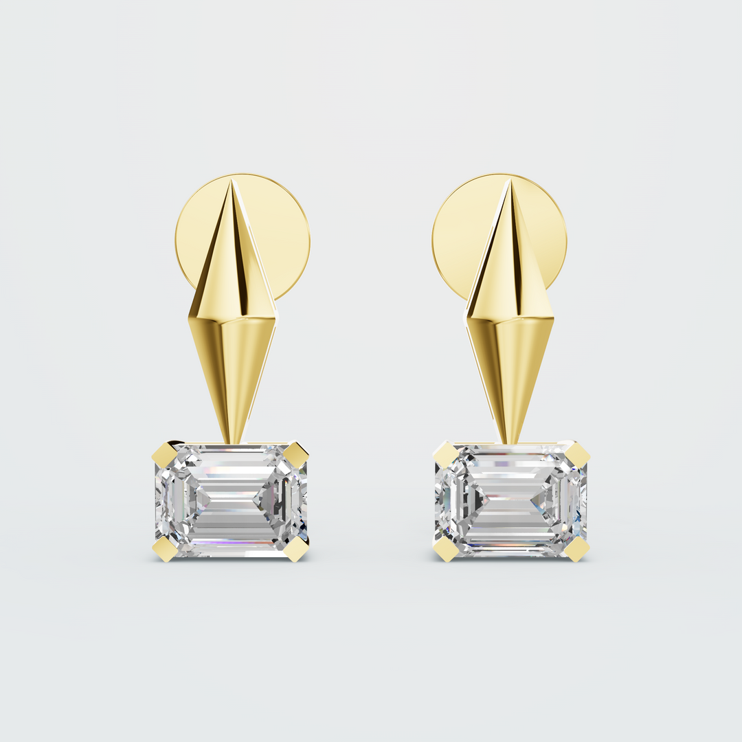 Emerald-Cut Diamond Drop Stud Earrings in yellow gold